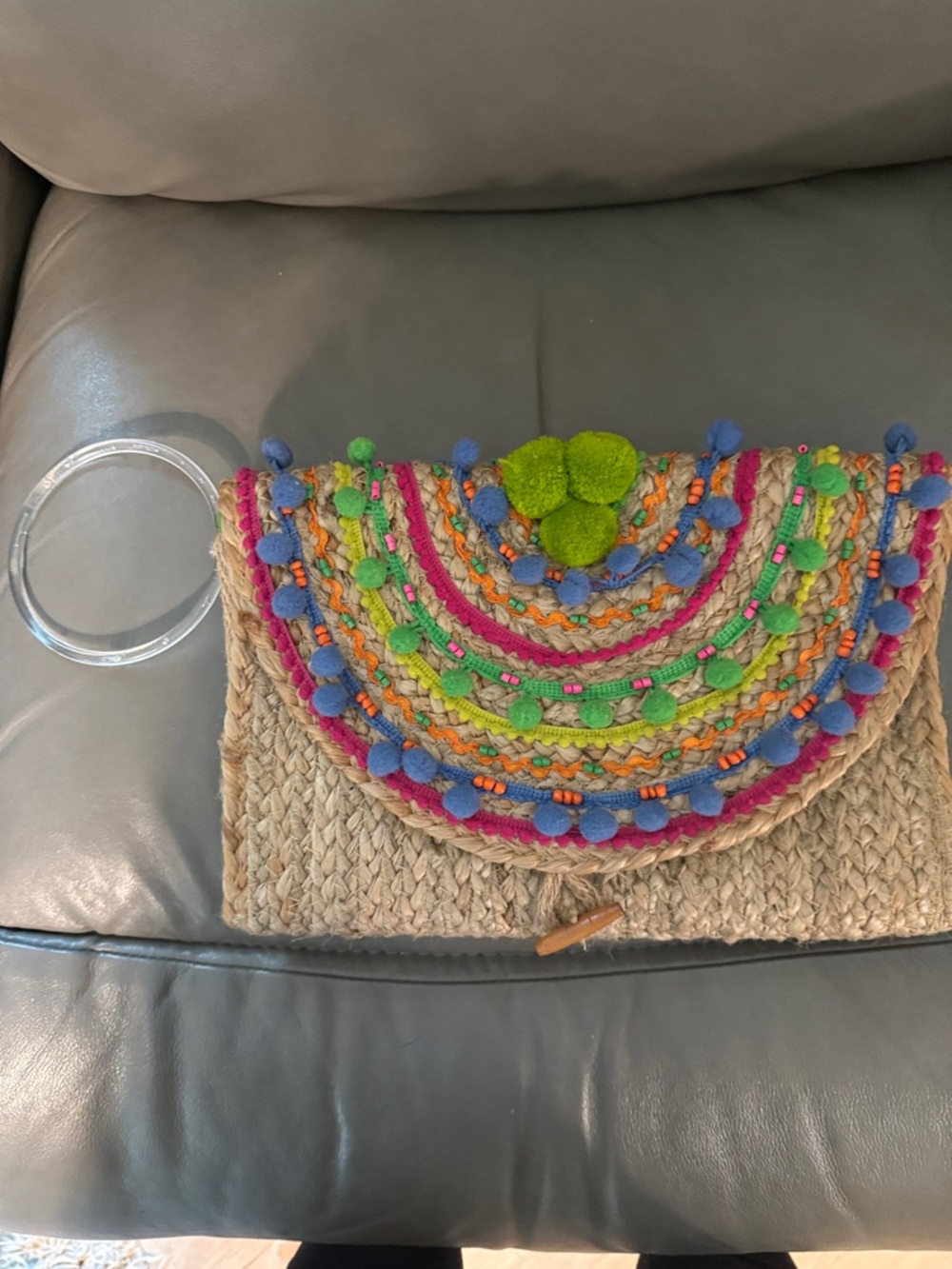 Boho Pom-Pom Straw Wristlet Clutch in Natural and Multicolor